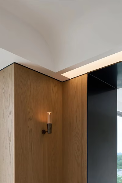 Modern Interior Design With Stylish Wall Lamp On Wooden Wall And Ceiling Light 3d model