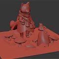 Red Fox Wearing Scarf Standing with Black Rabbit on Snowy Ground with Red Mushrooms and Grass