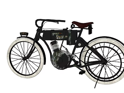 Vintage Motorized Bicycle With Black Frame White Tires And Brown Leather Seat 3d model