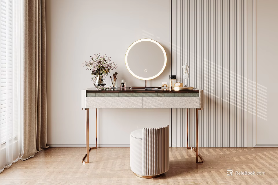 Modern Dressing Table With Round Mirror Marble Countertop Golden Legs And Cosmetic Stool 3d model 