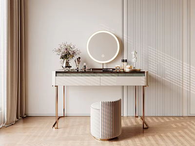 Modern Dressing Table With Round Mirror Marble Countertop Golden Legs And Cosmetic Stool 3d model