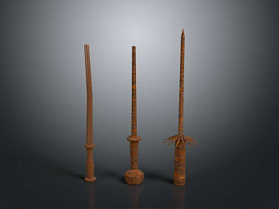 Three Ancient Wooden Weapons With Decorative Handles And Long Shafts 3d model