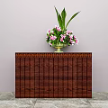 Brown Wooden Sideboard Black Top With Pink White Flowers In Vase On Gray Marble Floor