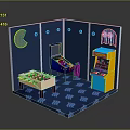 Colorful Pac-Man Themed Game Room Interior With Pinball Machine Arcade Cabinet And Board Game Table