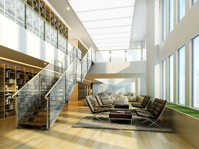 Modern Library Glass Stairs 3d model