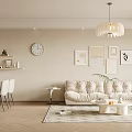 Modern Living Dining Room Interior With Beige Sofa Dining Table Wall Art And Pendant Lights