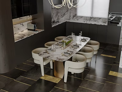 Luxurious Modern Dining Room With Marble Table White Chairs And Pendant Lights 3d model