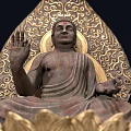 Exquisite Buddha Sculpture with Intricate Carvings on Lotus Base and Decorative Fan Backdrop