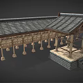 Traditional Wooden House With Tile Roof And Wooden Pillars Veranda Hanging Bells And Stone Steps