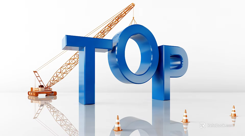 3D Blue TOP Letter Display With Orange Crane Traffic Cones On White Background 3d model 