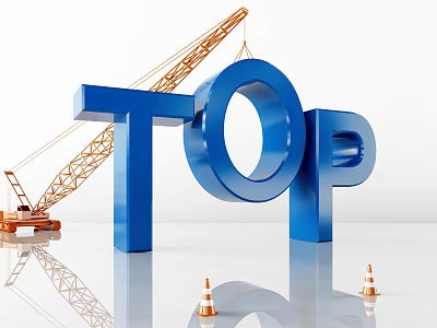 3D Blue TOP Letter Display With Orange Crane Traffic Cones On White Background 3d model