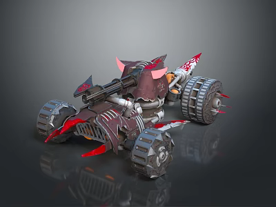 Futuristic Battle Vehicle With Mounted Gun Red Accents Armored Body And Spiked Wheels 3d model