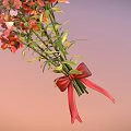Bouquet of White Orange Pink Flowers With Green Leaves Tied With Red Pink Ribbon