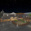 Garden Landscape Night Sky With Moon Stars Brick Wall Lotus Pool Wooden Deck Tables Umbrella