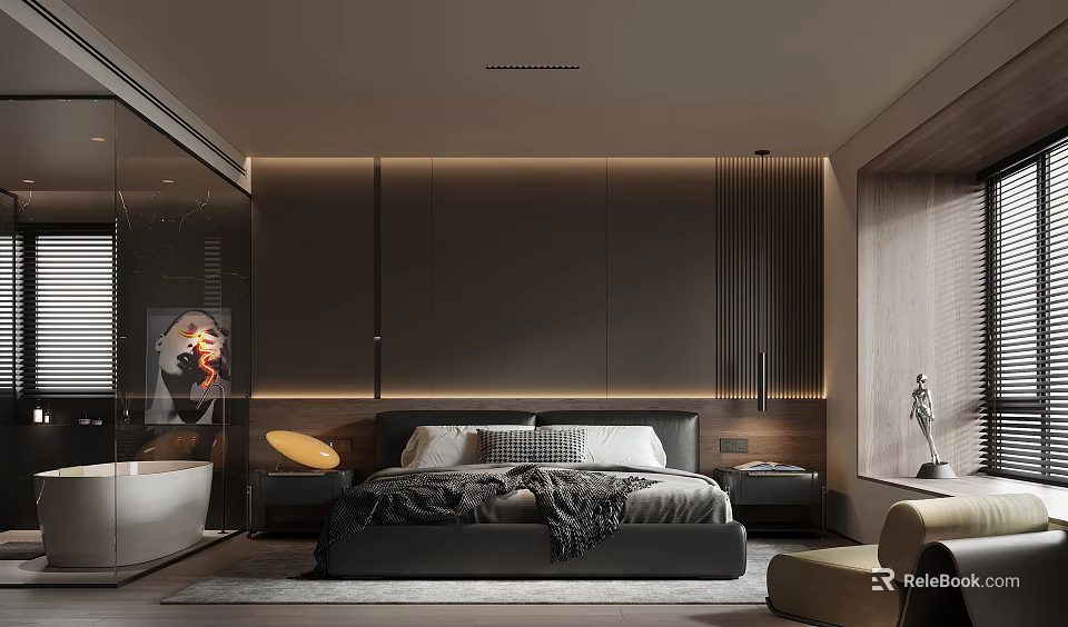 Sleek Modern Bedroom Interior With Dark Wall Paneling LED Lighting And Gray Bedding 3d model 