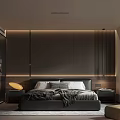 Sleek Modern Bedroom Interior With Dark Wall Paneling LED Lighting And Gray Bedding