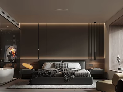 Sleek Modern Bedroom Interior With Dark Wall Paneling LED Lighting And Gray Bedding 3d model