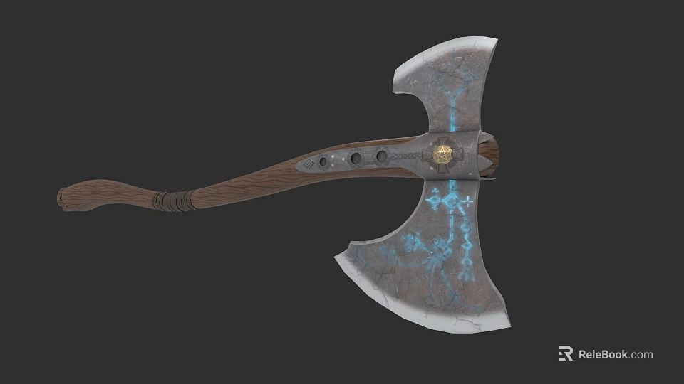 Mythical Double Bladed Axe With Wooden Handle And Blue Glowing Runes 3d model 