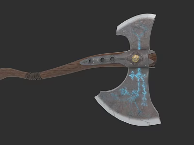 Mythical Double Bladed Axe With Wooden Handle And Blue Glowing Runes 3d model