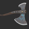 Mythical Double Bladed Axe With Wooden Handle And Blue Glowing Runes