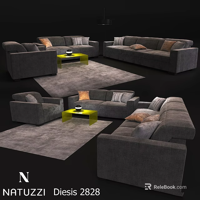 Modern Gray Sofa Set With Yellow Coffee Tables Rugs And Decorative Pillows 3d model 