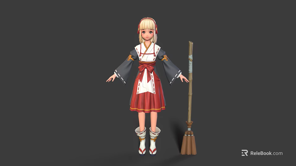 Anime Style Girl Character In Red White Traditional Dress With Blonde Hair Headband And Broom 3d model 