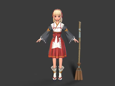 Anime Style Girl Character In Red White Traditional Dress With Blonde Hair Headband And Broom 3d model