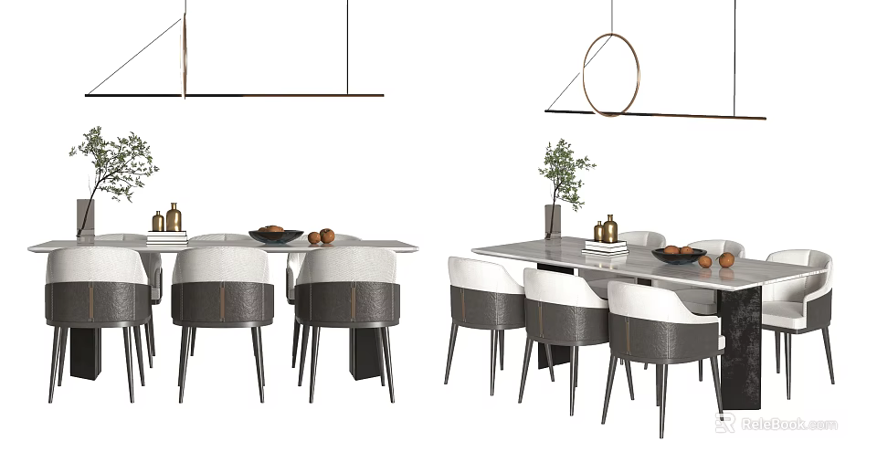 Modern Dining Table Set With Gray White Chairs Pendant Lights And Decorations 3d model