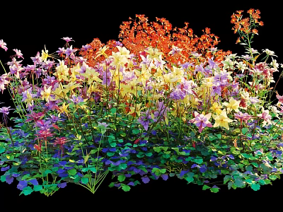 Vibrant Flowering Bush With Purple Yellow Orange Flowers And Green Leaves 3d model
