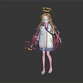 Anime Style Magical Character With Pink Long Hair Golden Halo White Coat Holding Mechanical Weapon
