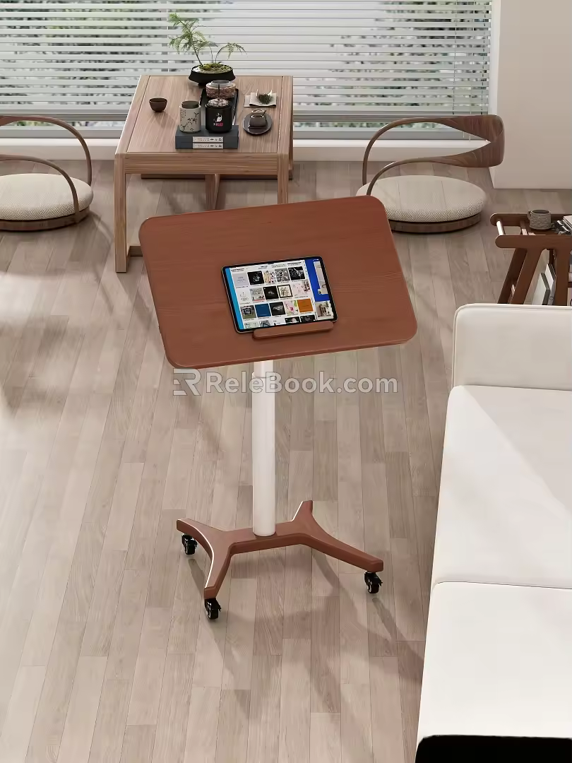 Tea Table Tea Art Green Planting Wood Floor Flat Desk Lifting Desk Sofa Carpet Laptop Computer Tea Table Lamp Book Ornaments Universal Wheel Movable Desk Lifter Controller 3d model