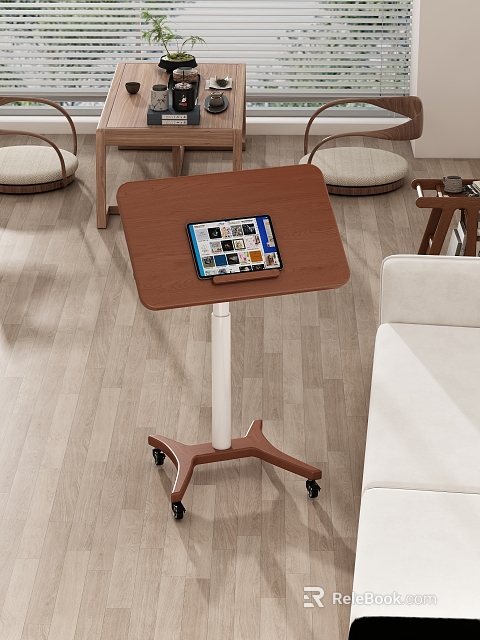 Mobile Wooden Side Table With Wheels Holding Tablet Next To Living Room Sofa 3d model 