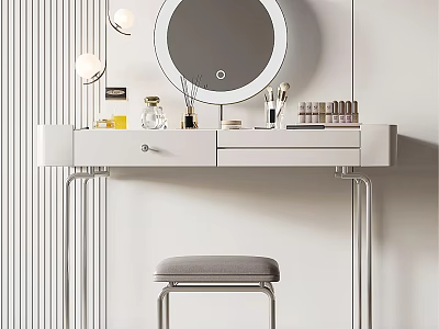 Modern Dressing Table With Round Mirror Cosmetic Bottles Makeup Brushes White Drawers And Gray Stool 3d model