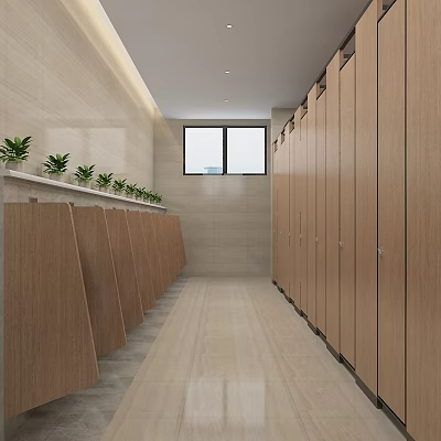Modern Public Restroom With Wooden Partitions And Plants 3d model