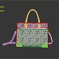 Stylish Light Colored Floral Handbag with Purple Handles and Shoulder Strap