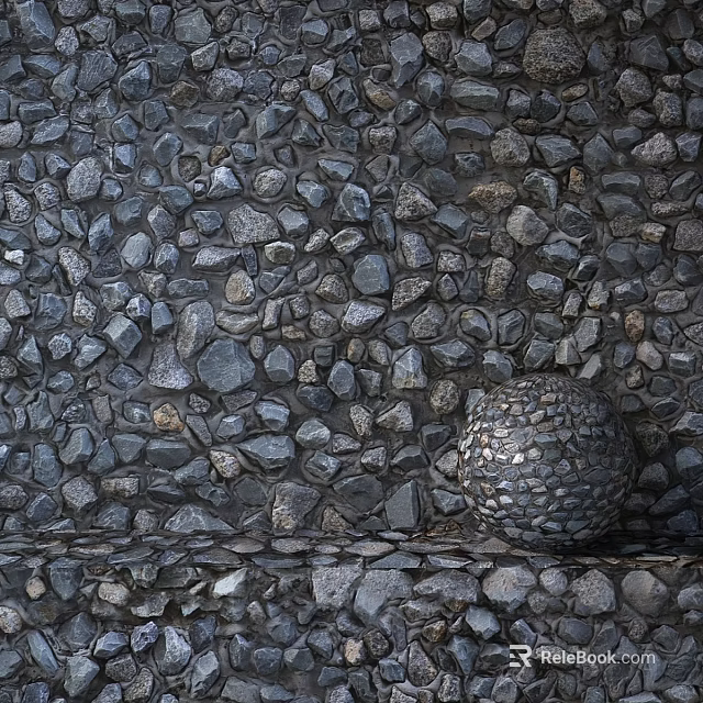 Rustic Textured Pebble Wall Construction With Decorative Stone Sphere Element 3d model 