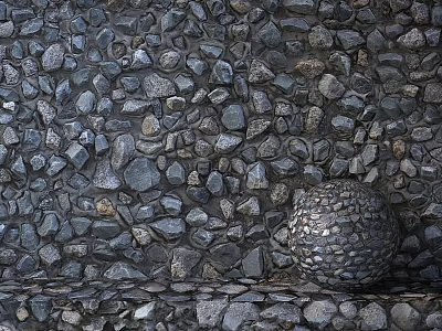 Rustic Textured Pebble Wall Construction With Decorative Stone Sphere Element 3d model