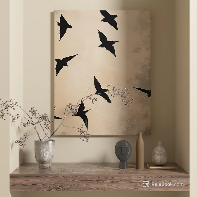 Abstract Painting With Black Birds On Neutral Beige Background Decorative Vase And Dried Branches 3d model 