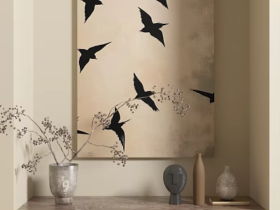 Abstract Painting With Black Birds On Neutral Beige Background Decorative Vase And Dried Branches 3d model