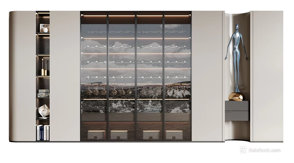 Modern Wine Cabinet Interior Design With Glass Doors LED Lighting And Displayed Wine Bottles 3d model 