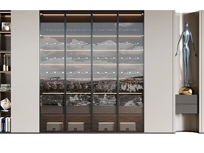 Modern Wine Cabinet Interior Design With Glass Doors LED Lighting And Displayed Wine Bottles 3d model