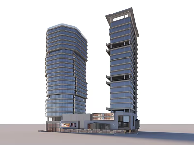 Modern Office Towers With Glass Curtain Walls And Connected Low Rise Base 3d model