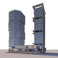 Modern Office Towers With Glass Curtain Walls And Connected Low Rise Base