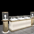 Modern Jewelry Store With Golden Display Counter Transparent Cases And Marble Top