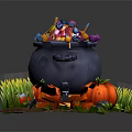 Decorative Ornament Set Featuring Black Cauldron Colorful Candies Orange Pumpkins And Green Grass Base