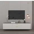 Modern White TV Stand with Black Top Vases Books Pendant Lights and Vertical Striped Wall