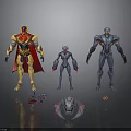 Robotic Characters With Various Colors Designs Golden Red Cape Gray Blue Helmet And Small Device