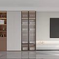 Modern Minimalist TV Background Wall Design With White Brown Cabinets And Glass Door
