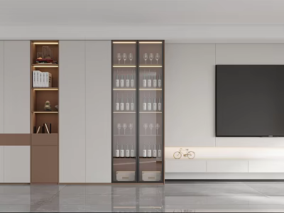 Modern Minimalist TV Background Wall Design With White Brown Cabinets And Glass Door 3d model