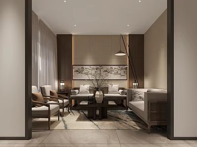 Modern Chinese Style Living Room With Sofas Chairs And Decor 3d model